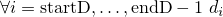 $\forall i=\mathrm{startD},\ldots,\mathrm{endD}-1\ d_i$